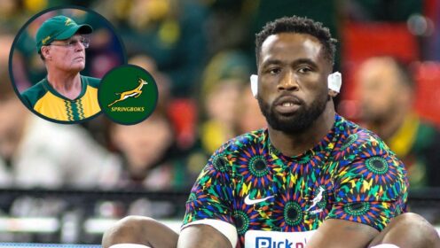 A two layered image of Rassie Erasmus and Siya Kolisi