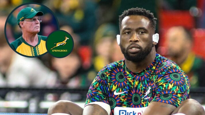 A two layered image of Rassie Erasmus and Siya Kolisi