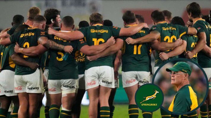 Springboks side in a huddle following All Blacks defeat, and head coach Rassie Erasmus (inset).
