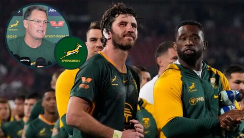 Springboks Ruan Nortje and Siya Kolisi and inset of Rassie Erasmus.