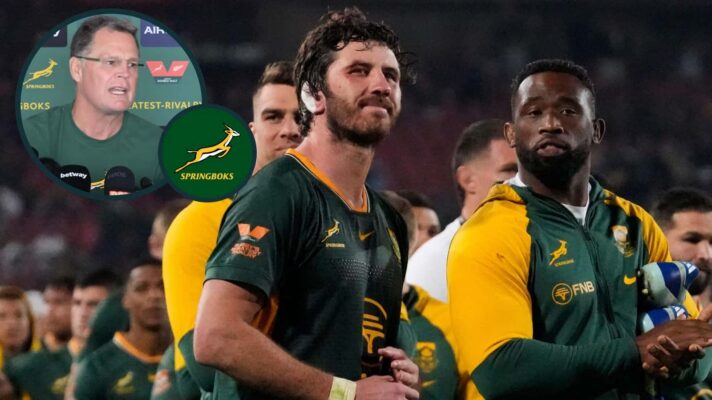 Springboks Ruan Nortje and Siya Kolisi and inset of Rassie Erasmus.