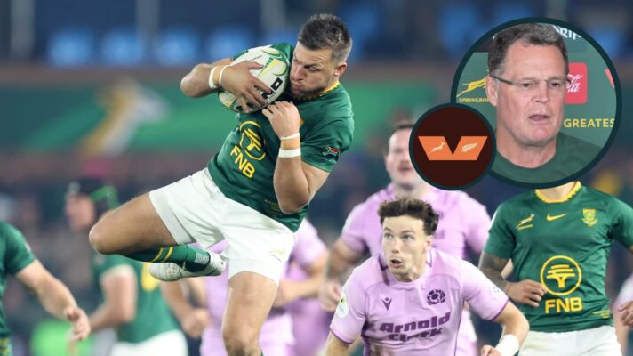 Springboks fly-half Handre Pollard and an inset of Rassie Erasmus.