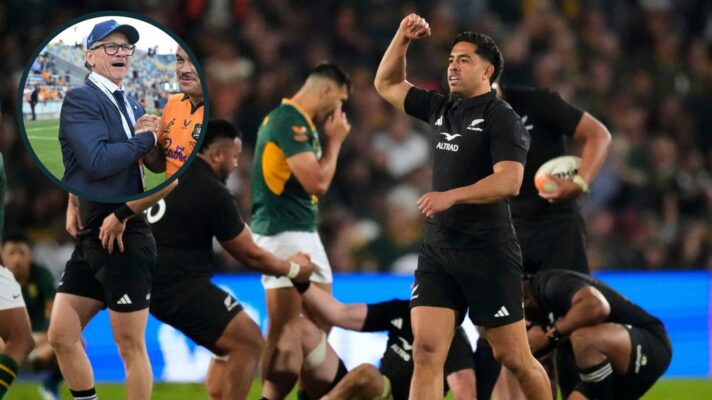 Anton Lienert-Brown and All Blacks celebrate win over Springboks at Ellis Park.