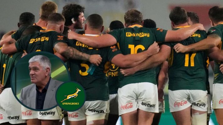 Springboks players huddle and an inset of ex-head coach Nick Mallett.