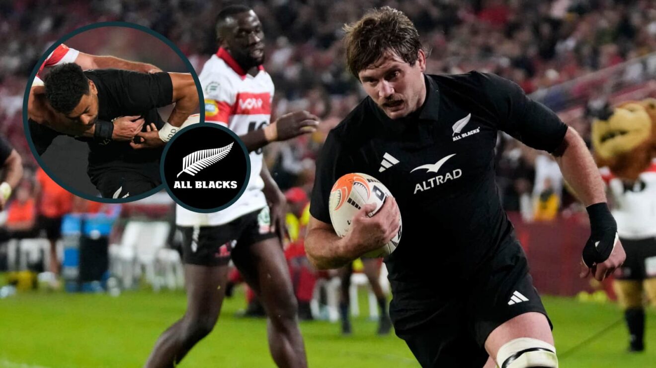 All Blacks flanker Ethan Blackadder and an inset of Richie Mo'unga.