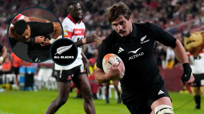 All Blacks flanker Ethan Blackadder and an inset of Richie Mo'unga.