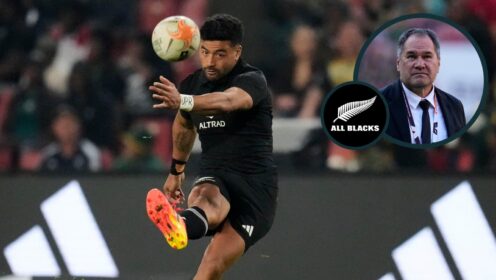 All Blacks fly-half Richie Mo'unga and an inset of head coach Dave Rennie.