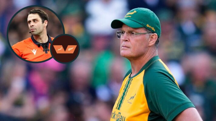 Springboks head coach Rassie Erasmus and an inset of Referee Nika Amashukeli.