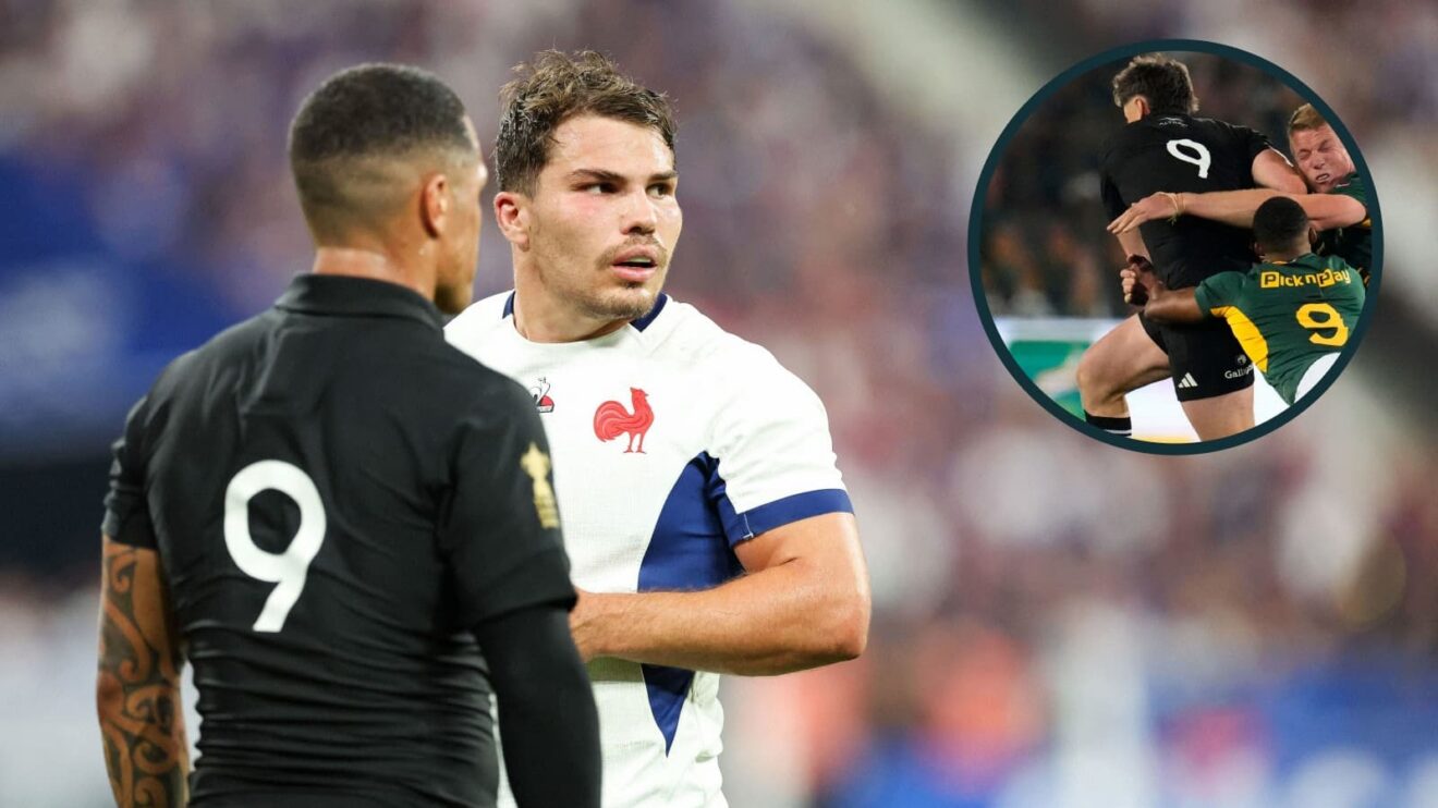 Aaron Smith and Antoine Dupont head-to-head at 2023 Rugby World Cup, and Cam Roigard being tackled by Grant Williams during Springboks v All Blacks (inset).