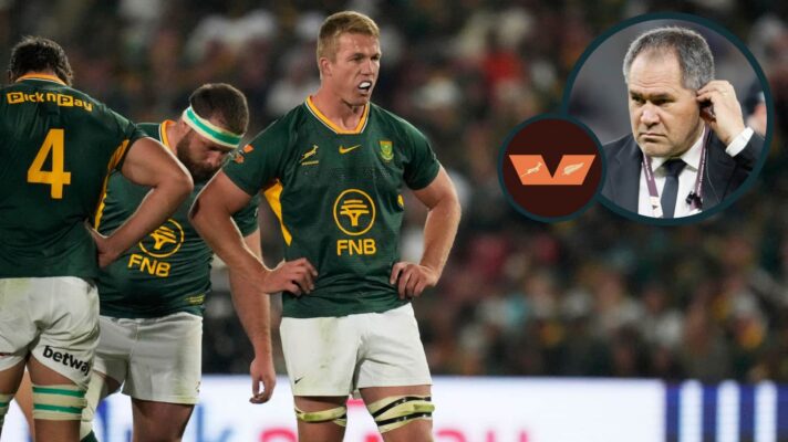 Springboks dejected following All Blacks defeat and New Zealand head coach Dave Rennie (inset).