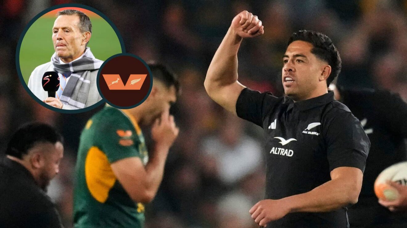 All Blacks celebrate victory over the Springboks and ex-South Africa fly-half Joel Stransky (inset).