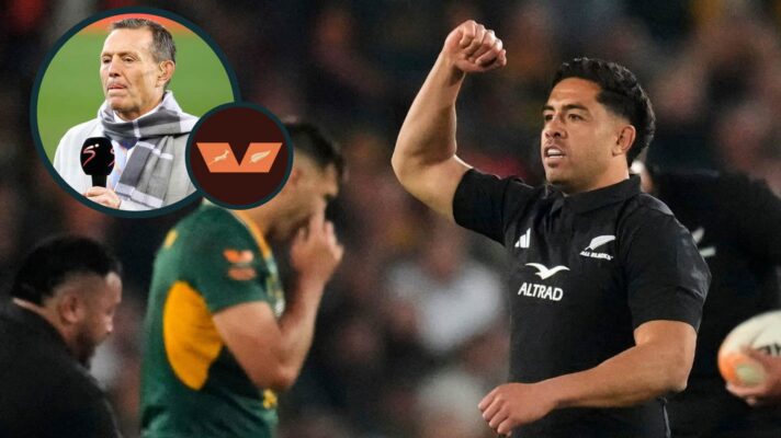 All Blacks celebrate victory over the Springboks and ex-South Africa fly-half Joel Stransky (inset).