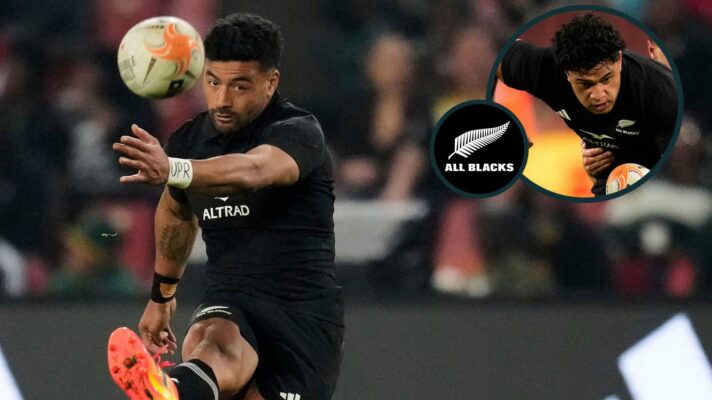 Richie Mo'unga and Wallace Sititi (inset) in action for the All Blacks against the Lions.
