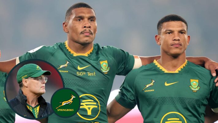 Springboks backs Damian Willemse and Kurt-Lee Arendse and an inset of Rassie Erasmus.