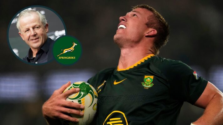 Springboks forward Pieter-Steph du Toit and an inset of All Blacks legend Sean Fitzpatrick.