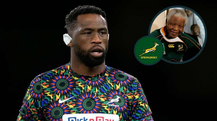 Springboks captain Siya Kolisi and former South African president Nelson Mandela (inset).