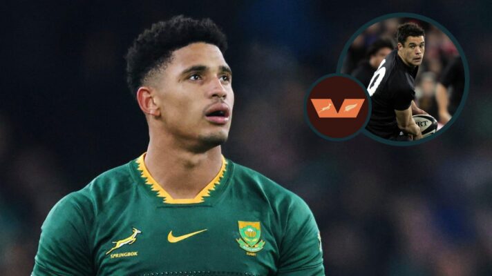 Springboks Sacha Feinberg-Mngomezulu and an inset of All Blacks legend Dan Carter.