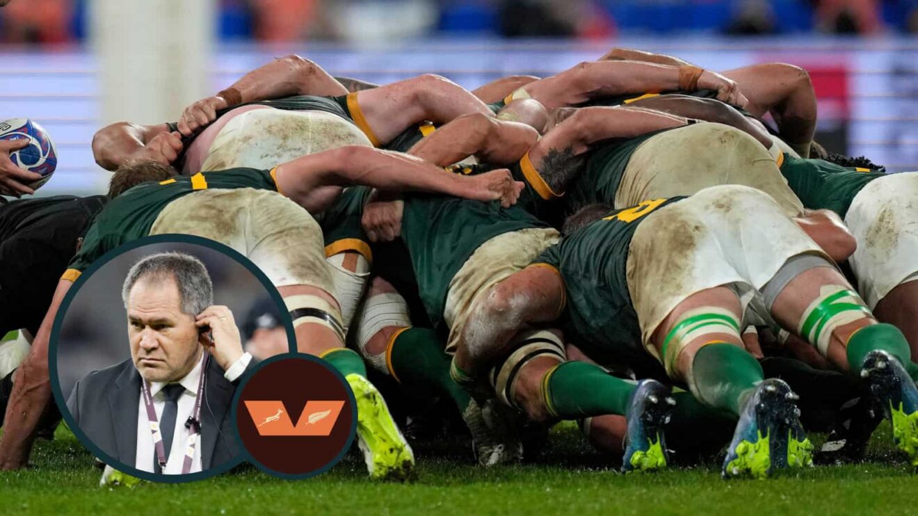 Springboks scrummaging and All Blacks head coach Dave Rennie (inset).