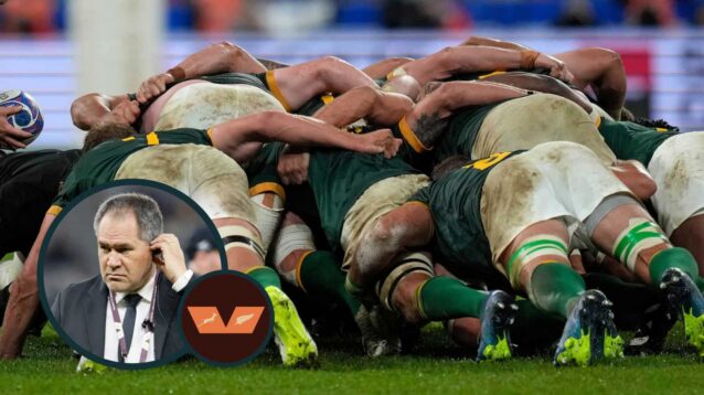 Springboks scrummaging and All Blacks head coach Dave Rennie (inset).
