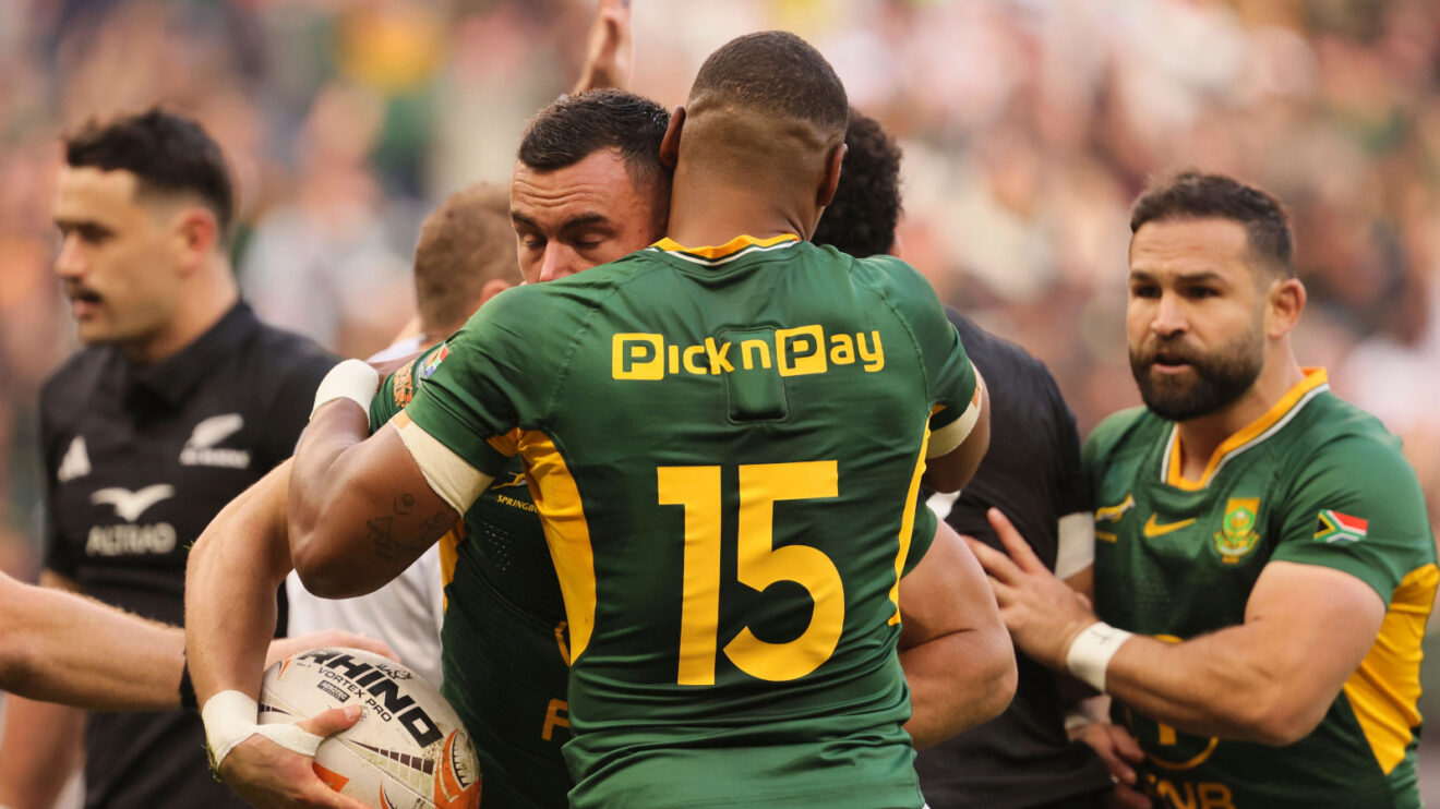 Springboks centre Jesse Kriel congratulated after scoring try.