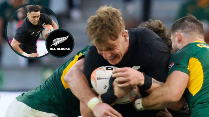 Fabian Holland and Will Jordan (inset) in action for the All Blacks against the Springboks.