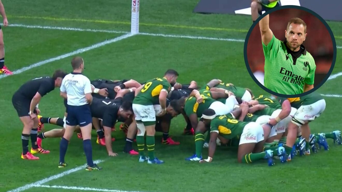 Scrum between the Springboks and All Blacks in Cape Town and an inset of referee Angus Gardner.