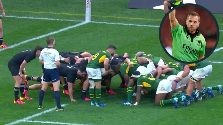 Scrum between the Springboks and All Blacks in Cape Town and an inset of referee Angus Gardner.
