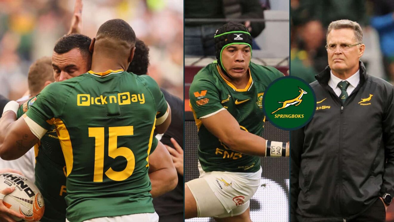 Springboks Damian Willemse, Jesse Kriel, Cheslin Kolbe and head coach Rassie Erasmus.
