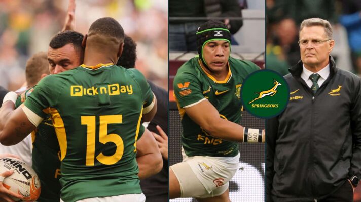 Springboks Damian Willemse, Jesse Kriel, Cheslin Kolbe and head coach Rassie Erasmus.