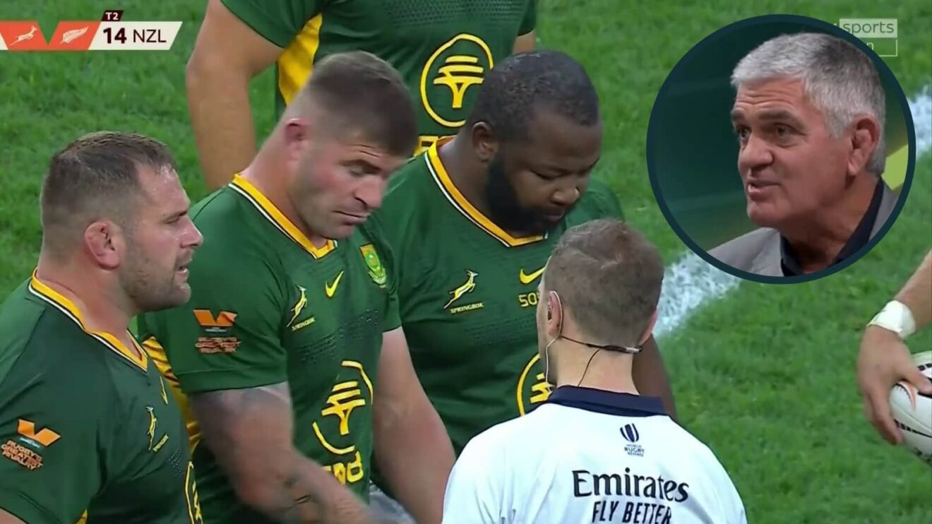 Referee Angus Gardner speaks to Springboks hooker Malcolm Marx and an inset of Nick Mallett.