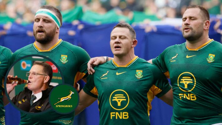 Springboks front rowers Gerhard Steenekamp, Deon Fourie and Thomas du Toit with an inset of Rassie Erasmus