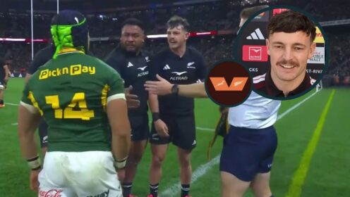 Cheslin Kolbe and Leroy Carter square up during Springboks versus All Blacks