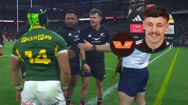 Cheslin Kolbe and Leroy Carter square up during Springboks versus All Blacks