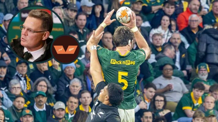 Ruan Nortje wins a lineout against the All Blacks and an inset of Springboks head coach Rassie Erasmus.