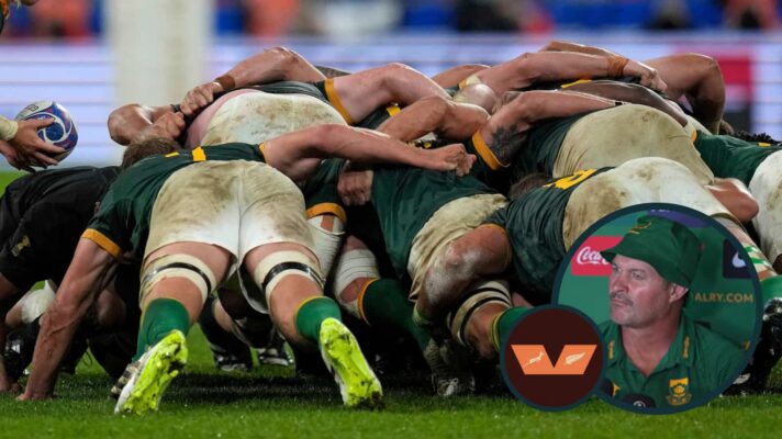Springboks scrummaging and their coach Daan Human (inset).