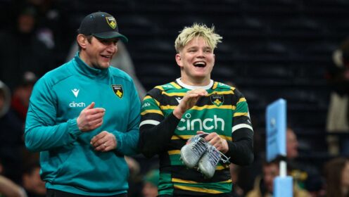 Northampton Saints director of rugby Phil Dowson and back-rower Henry Pollock celebrating a win in the 2025/26 season