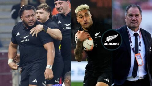 All Blacks Asafo Aumua and Rieko Ioane and head coach Dave Rennie.