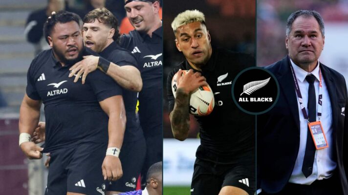 All Blacks Asafo Aumua and Rieko Ioane and head coach Dave Rennie.