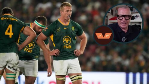 Springboks players during the Greatest Rivalry series and All Blacks legend Sir John Kirwan (inset).