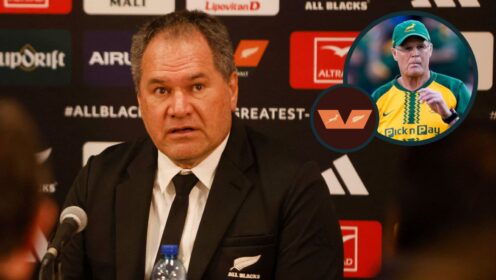 All Blacks boss Dave Rennie at a press conference and Springboks head coach Rassie Erasmus (inset).