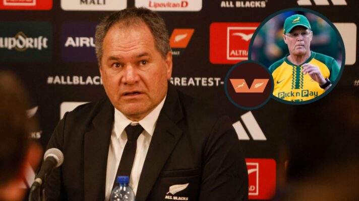 All Blacks boss Dave Rennie at a press conference and Springboks head coach Rassie Erasmus (inset).