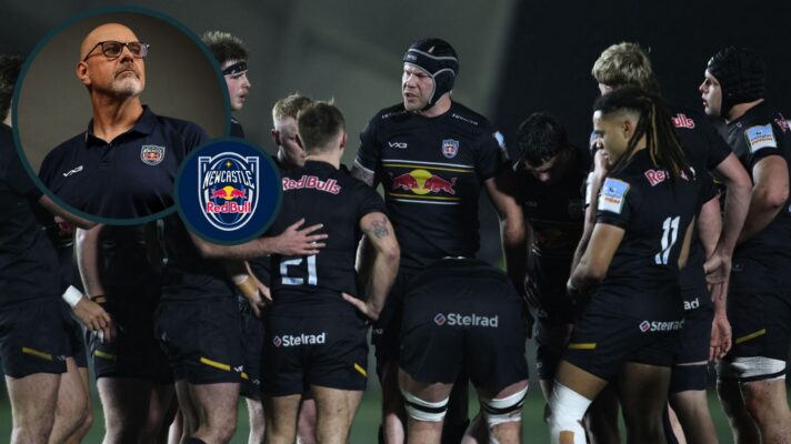 A two layered image of Newcastle Red Bulls players and head coach Dan McFarland