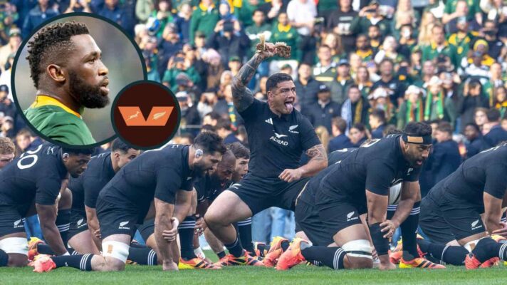 All Blacks Haka and an inset of Springboks captain Siya Kolisi.