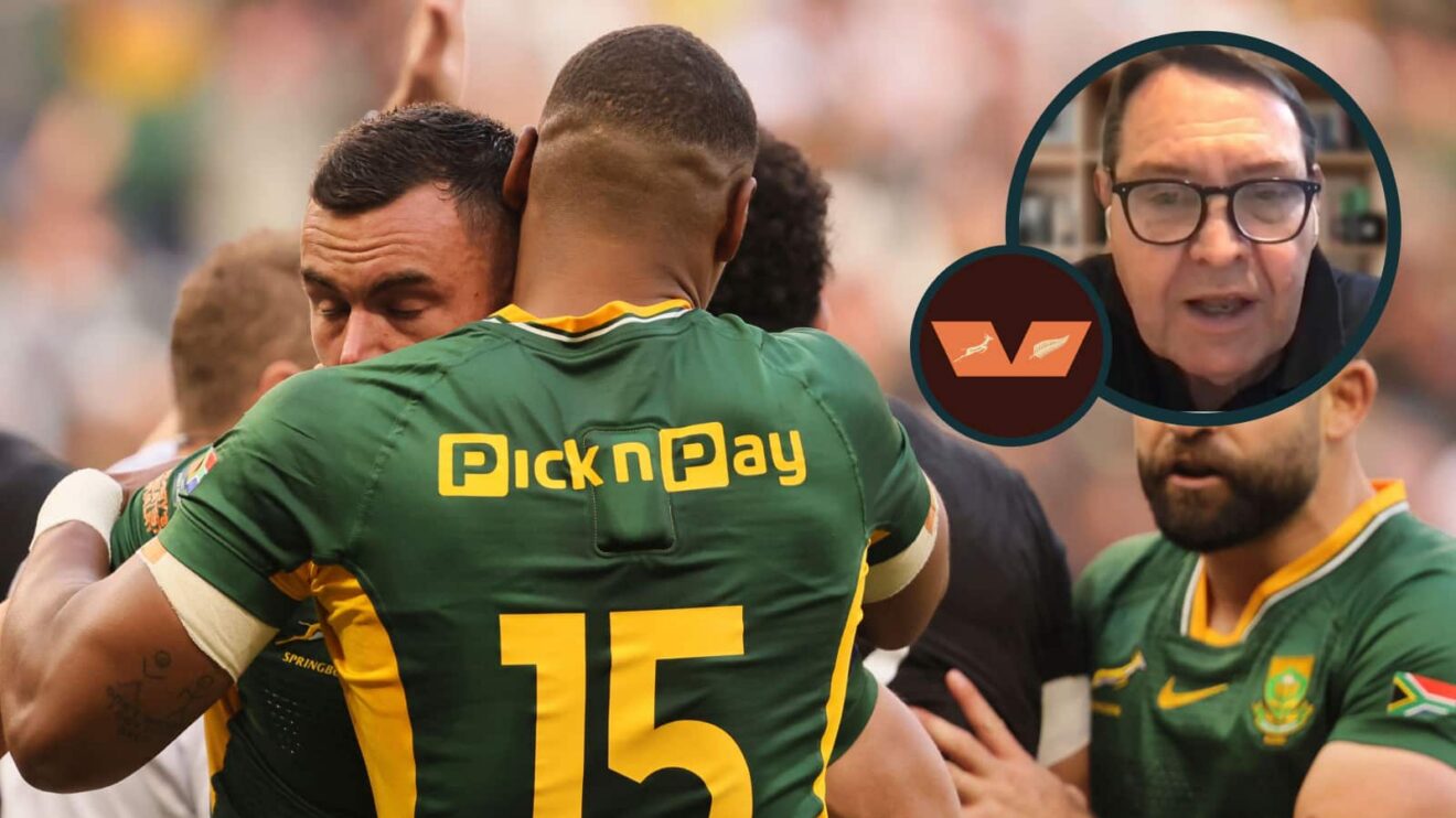 Springboks centre Jesse Kriel celebrates scoring a try and an inset of ex-All Blacks boss Sir Steve Hansen.
