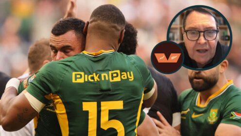 Springboks centre Jesse Kriel celebrates scoring a try and an inset of ex-All Blacks boss Sir Steve Hansen.