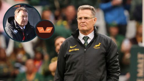 Springboks head coach Rassie Erasmus and an inset of Sir Steve Hansen.