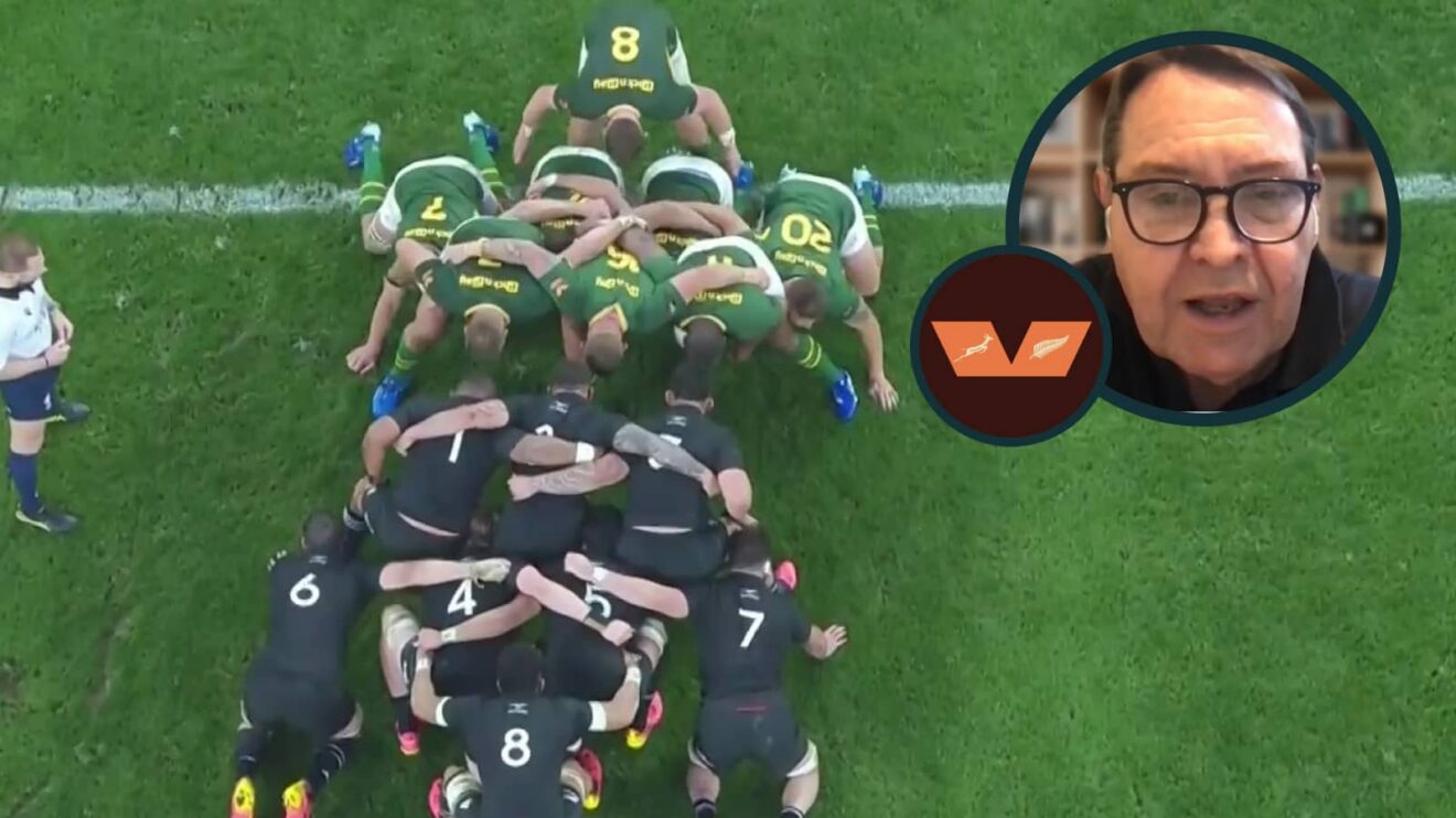Springboks versus All Blacks scrum and an inset of Sir Steve Hansen.