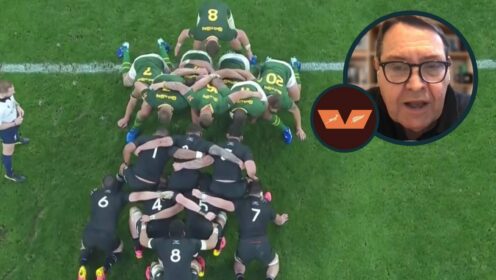 Springboks versus All Blacks scrum and an inset of Sir Steve Hansen.