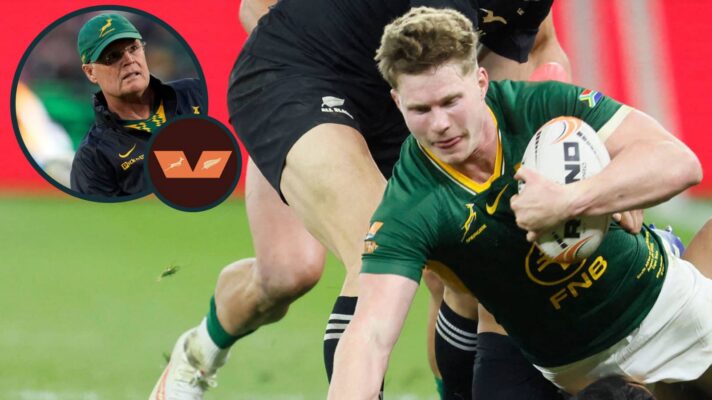 Ethan Hooker in action against the All Blacks and Springboks head coach Rassie Erasmus (inset).
