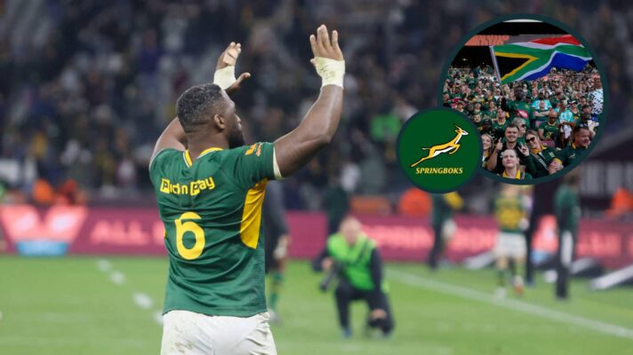 Springboks captain Siya Kolisi and an inset of the South African fans